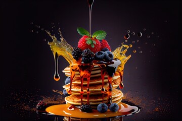 Poster -  a stack of pancakes with fruit and syrup on top of it. Generative AI