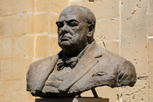 The Larger Than Life Bronze Bust Of Sir Winston Churchill, The Wartime Prime Minister Of The United Kingdom, In The Upper Barrakka Gardens - Valletta, Malta