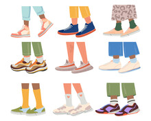 Legs In Sneakers Flat Icons Set. Trendy Colorful Shoes. Athletic Shoes For Trainings And Walking