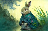 chinese jade rabbit by the pond in a chinese garden, cute bunny, Year of the Rabbit, generative AI