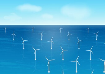 wind turbines farm in the sea. wind power station. wind power and energy farm