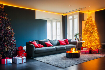 Poster - decorated room for winter holidays with a large window, a Christmas tree and white bed near it