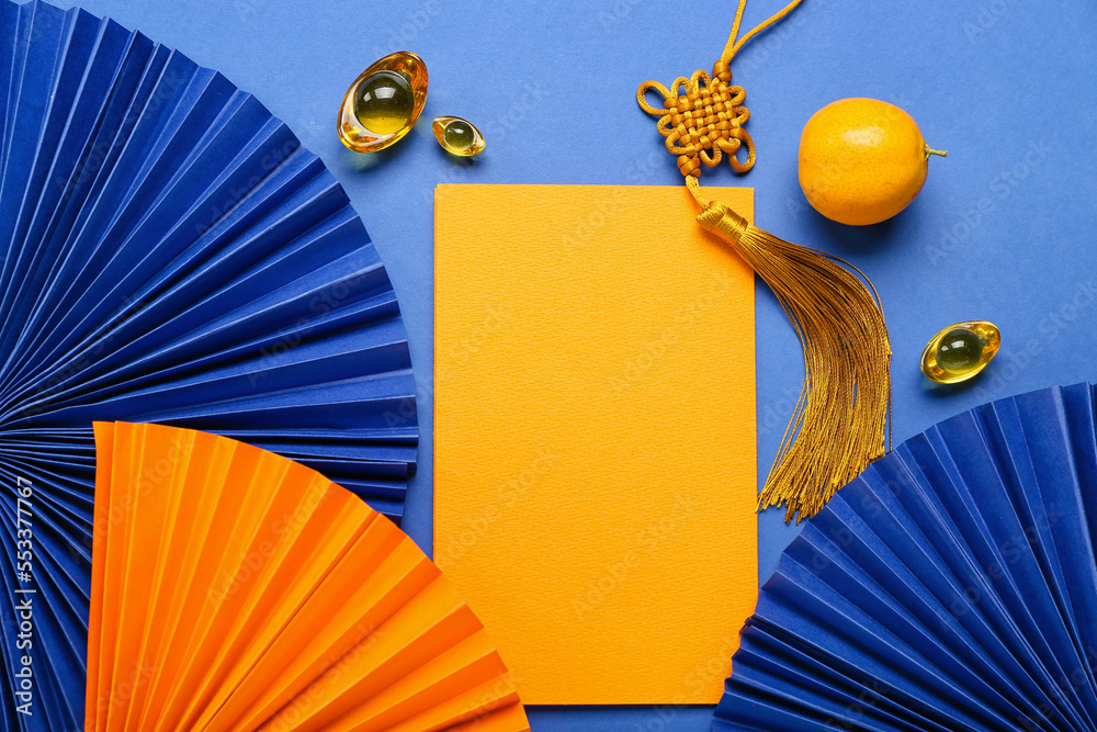 Blank card with mandarin and Chinese symbols on blue background. New Year celebration