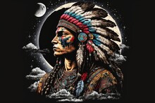 Portrait American Indians, Moon, Cloud, Fictional Character, Generative AI.