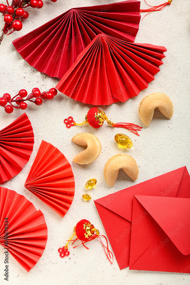 Envelopes with fortune cookies and Chinese symbols on white background. New Year celebration