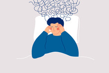 Sad Man Experiences Anxious Intrusive Thoughts In Bedtime And Can't Sleep. Сloud Of Thoughts Hung Over The Man Lying In Bed. Sleep Disorders And Anxiety Concept. Vector Illustration