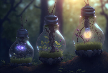 Clanking lightbulbs in nature concept. Generative AI