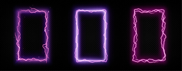 Poster - rectangle frames with purple lightnings, electric energy strikes on border. neon glowing banner fram