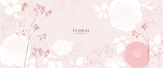 Wall Mural - Line Floral and tropical leaf with watercolor flower texture background and screen wallpaper 