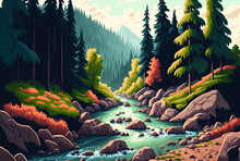 Beautiful River In The Woods With A Strong Stream. Generative AI