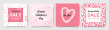 Valentine's Day Holidays Square Pink Templates. Social Media Post With Hearts. Sales Promotion On Valentine's Day. Vector Illustration For Greeting Cards, Mobile Apps, Banner Design And Web Ads