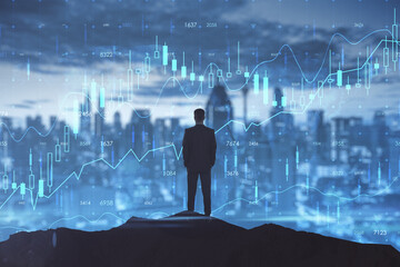 Aufkleber - Back view of backlit man looking at glowing business forex chart hologram and grid on blurry night city background. Trade, stock, finance and invest concept. Double exposure.