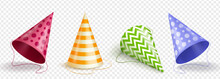 Realistic Set Of Party Hats Png Isolated On Transparent Background. Vector Illustration Of Red, Yellow, Green, Blue Cone Caps Decorated With Dots, Stripes And Zigzags. Birthday Celebration Accessory