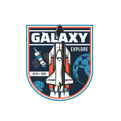 Poster - Space shuttle and satellite icon. Vector rocket missile booster carrier with spaceship on board leave Earth to explore galaxy. Mother rocket take off, cosmos research, exploration mission icon