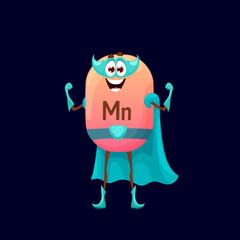 Sticker - Cartoon manganese or manganum superhero micronutrient character. Isolated vector funny Mn nutrient defender fairytale personage. Comic food supplement capsule, mineral bubble in blue mask and cloak