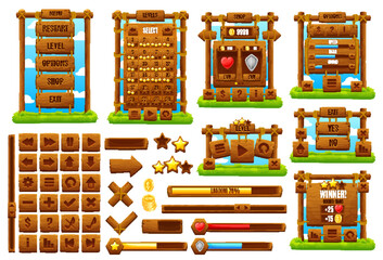 Poster - Western, ranch wooden game interface. Cartoon gui element, ui game asset. Isolated vector buttons, menu option planks, bars and sliders, user icons, banners, arrows and signs with wood texture