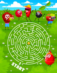 Aufkleber - Help cartoon berry characters find a volleyball ball labyrinth maze game. Kids vector quiz with strawberry, cranberry, barberry, black currant and cherry with rosehip searching ball on green meadow