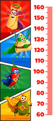 Wall Mural - Kids height chart ruler with retro comics of mexican food superhero characters. Vector growth meter with funny tex mex super hero burrito, tacos, red chili pepper and avocado personages and scale