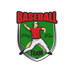 Wall Mural - Baseball sport team icon with pitcher and ball, softball club badge, vector. Baseball varsity team tournament or championship game emblem with player pitching ball on diamond field