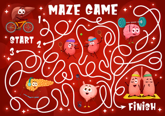 Poster - Labyrinth maze, cartoon funny human organs sportsman characters, vector quiz game. Brain on sport fitness, kidney on yoga and bladder on gym workout with liver on bicycle, kids labyrinth maze game