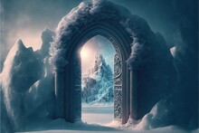 Magical Portal On Winter Landscape, Fairy Tale Background With Ice Crystal Door, Mirror Or Gate With Fantasy Castle, Snowy Landscape With Glowing Entrance On Rock Under Cloudy Gray Sky. AI
