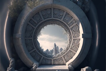 Wall Mural - portal in stone arch with magical symbols in mountain cave. gate to alien worlds in ancient temple. 