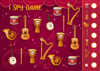 Poster - I spy game worksheet. Cartoon musical instrument characters. Counting quiz for kids, object finding and calculation game vector worksheet with guitar, harp, drum, flute and banjo, horn funny personage