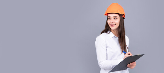 woman isolated face portrait, banner with mock up copy space. woman construction manager. architect 