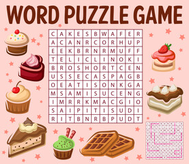 Wall Mural - Cupcakes, cakes and desserts. Word search puzzle game worksheet. Kids quiz grid, vector crossword riddle with sweet cupcakes, vector hand drawn cheesecake and waffles, chocolate pastry, muffins