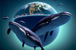 Generated images of fantastic whales that fly in space against background of planets.