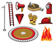Firefighter items, firefighting equipment. Isolated vector leatherhead helmet, water hydrant hose, pike pole and ladder, firefighter leather gloves, loudspeaker and cone, trampoline, flashlight