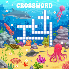 Poster - Crossword quiz game grid. Cartoon underwater landscape and animals. Vector cross word puzzle worksheet with starfish, crab, starfish and stingray. Turtle, dolphin and jellyfish with octopus characters