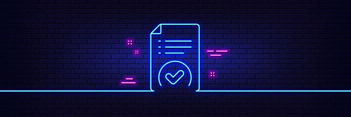 Aufkleber - Neon light glow effect. Approved document line icon. Accepted file sign. Verification symbol. 3d line neon glow icon. Brick wall banner. Approved document outline. Vector