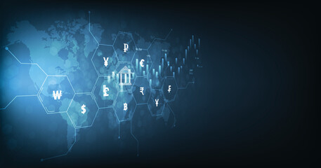Aufkleber - Interbank Currency exchange concept.Money transfer, FinTech financial technology, bank and currency icon isolated on dark blue background. Vector illustration.
