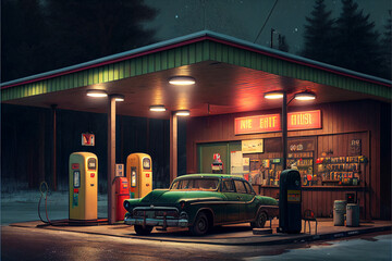 Generated image of old petrol station.