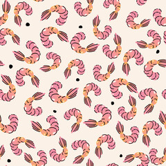 Seamless pattern, background, wrapping paper, illustration, postcard, print with colorful cute shrimps in vector