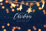 Fototapeta Mapy - Merry Christmas and happy new year, Christmas stars lights with falling snow, snowflakes, Winter and new year holidays.	