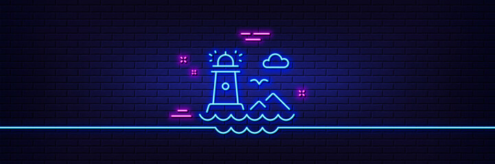 Poster - neon light glow effect. lighthouse line icon. beacon tower sign. searchlight building symbol. 3d lin