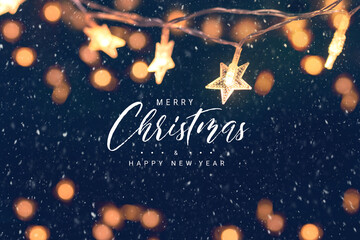 Wall Mural - merry christmas and happy new year, christmas stars lights with falling snow, snowflakes, winter and