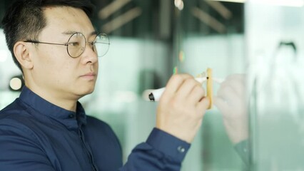 Busy asian businessman IT programmer with glasses work write idea on paper sticker sticky notes on glass wall develops a strategy for startup enterprise financial growth at modern office workplace 