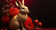 Leinwanddruck Bild - Chinese new year 2023 year of the rabbit. Gold bunny rabbit with red flowers. Generative ai
