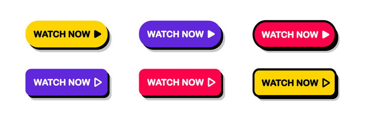 Poster - set of watch now buttons. play video buttons in flat style. watch video. play now. web media. online