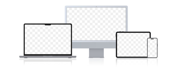 Poster - Realistic set of monitor, laptop, tablet, smartphone. Set of technology devices with empty display - Stock Vector illustration. Electronic gadgets, Device mockups