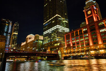 Vibrant Clock Tower And Bridge At Night In Chicago Ship Canals