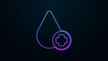 Poster - Glowing neon line Donate drop blood with cross icon isolated on black background. 4K Video motion graphic animation