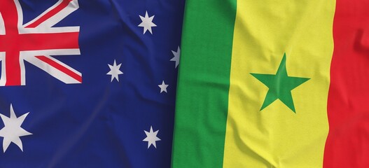 Flags of Australia and Senegal. Linen flag close-up. Flag made of canvas. Australian, Canberra, Sydney. Dakar. State symbol. 3d illustration.
