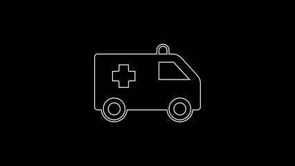 Sticker - White line Ambulance and emergency car icon isolated on black background. Ambulance vehicle medical evacuation. 4K Video motion graphic animation