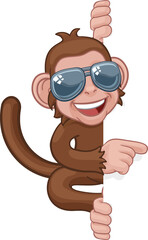 Poster - Monkey Sunglasses Cartoon Animal Pointing At Sign