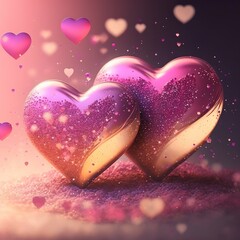 Wall Mural - Hearts On Pink Glitter In Shiny Background.