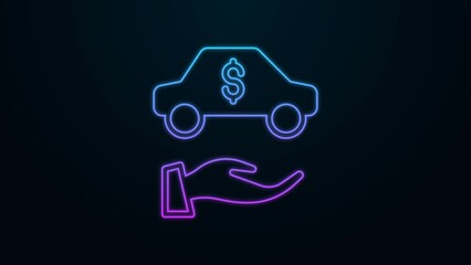 Sticker - Glowing neon line Car rental icon isolated on black background. Rent a car sign. Key with car. Concept for automobile repair service. 4K Video motion graphic animation